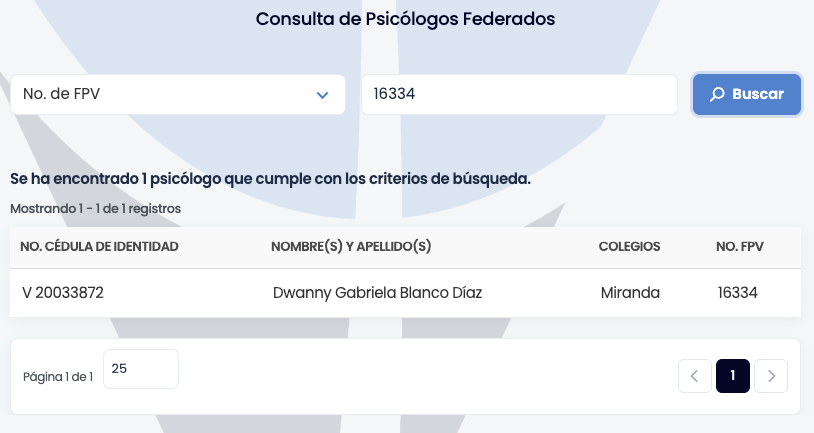 Captura oficial de pantalla de la consulta en la Federación de Psicólogos de Venezuela que acredita el registro de Dwanny Gabriela Blanco Díaz con número FPV 16334
