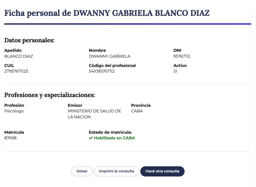 Captura oficial de pantalla del Buscador Nacional de Profesionales de la Salud que acredita la Matrícula Nacional 87698 de Dwanny Gabriela Blanco Díaz habilitada en CABA